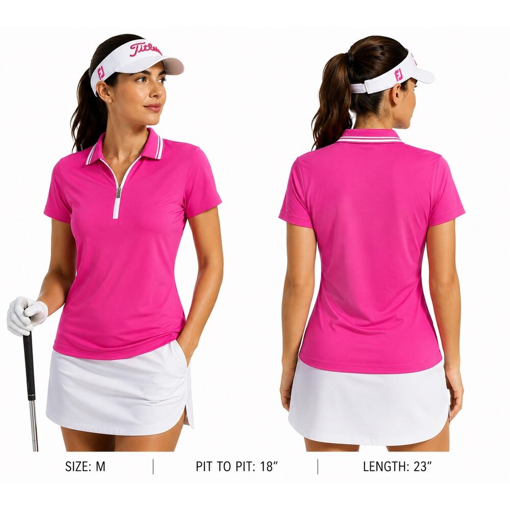 Bugatchi for Women Hot Pink Quaterzip Pink Polo Size M Golf Tennis Shirt Preppy